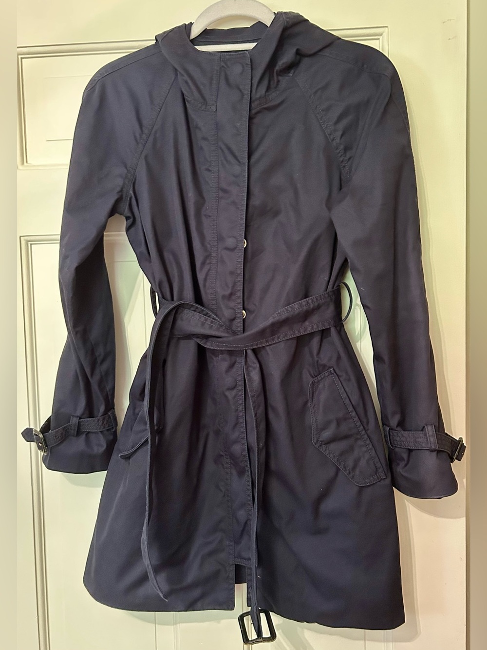 J. Crew size 2 Women's Navy Belted Hooded Trench Coat snaps zipper 100% cotton